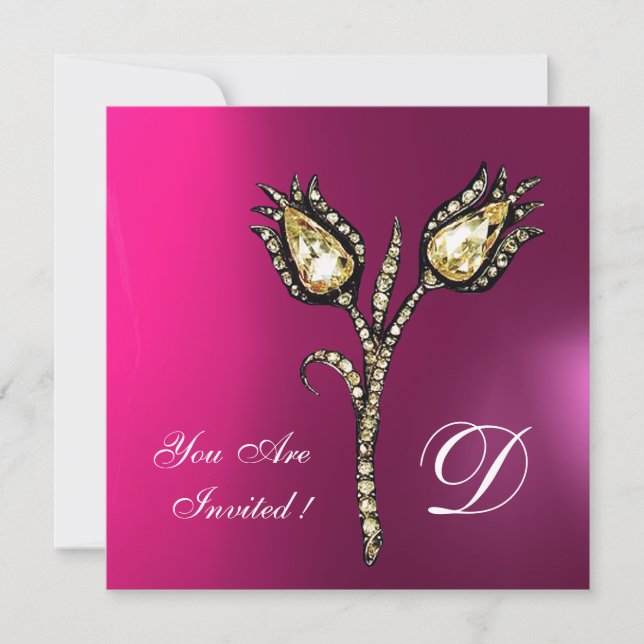 Invitación DIAMONTE TULIPS MONOGRAM ,Púrpura de fucsia rosa (Anverso)