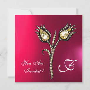 Invitación DIAMONTE TULIPS MONOGRAM ,Púrpura de fucsia rosa