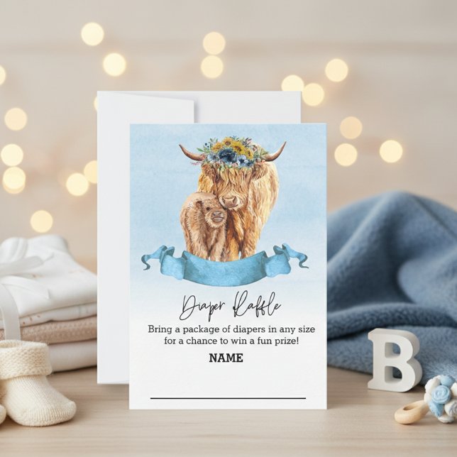 Invitación Diaper Raffle Blue boy Highland Cow Baby Shower (Subido por el creador)