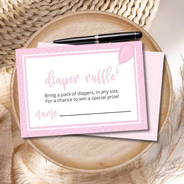 Invitación Diaper Raffle Pastel Chica de Punto Polka Rosa BOH (Pink Polka Dot Diaper Raffle Enclosure Card with Balloon, Customize with Your Own Poem.)