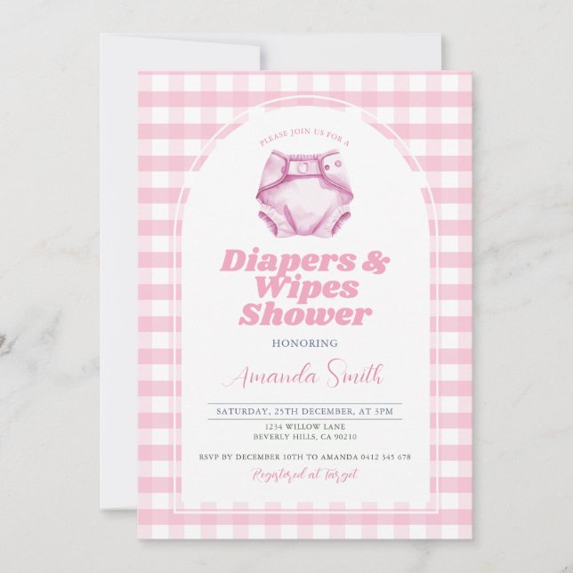 Invitación Diapers rosas y Wipes Baby Shower Rubor Gingham (Anverso)