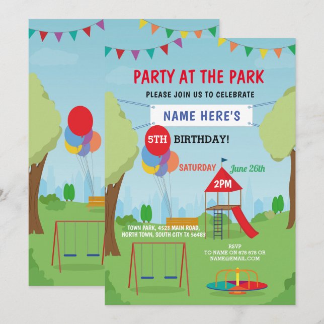 Invitación Diapositiva de fiesta de cumpleaños de Park Swings (Anverso / Reverso)