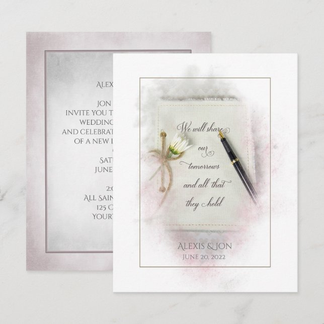 Invitación diario boda con pluma estilográfica y margarita (Anverso / Reverso)