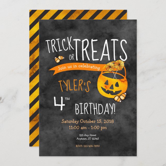 Invitación Días de cumpleaños de Halloween Trick o Tret Boy o (Anverso / Reverso)