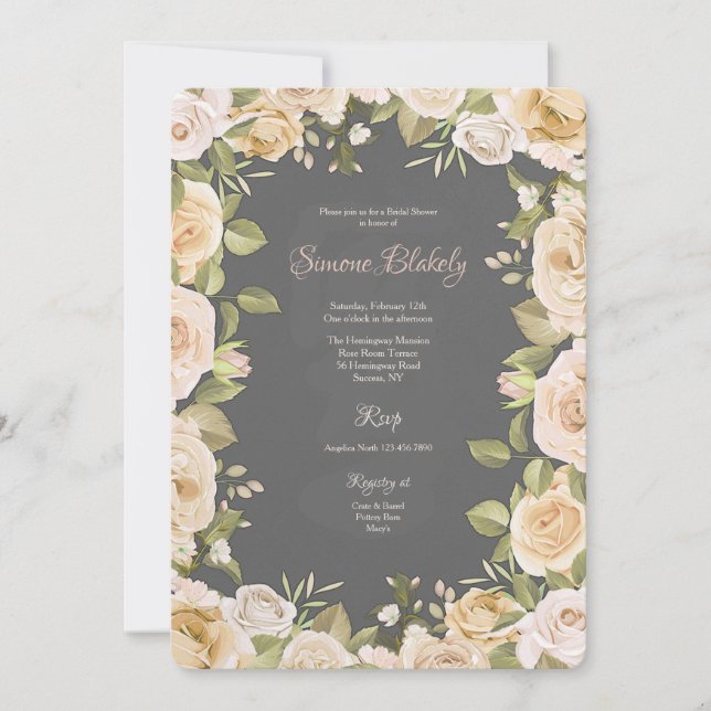 Invitación dibujada a mano con marco de rosas (Anverso)