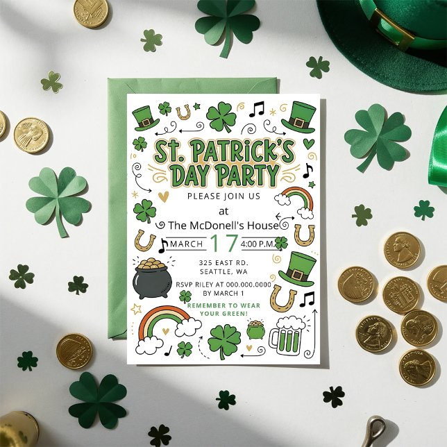 Invitación Dibujado a mano Doodle caprichoso Día de San Patri (Hand Drawn Doodle Whimsical St Patricks Day Invitation)