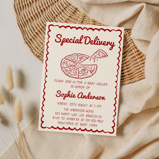 Invitación Dibujado a Mano Roja Bebé de Pizza de Entrega Espe (Subido por el creador)