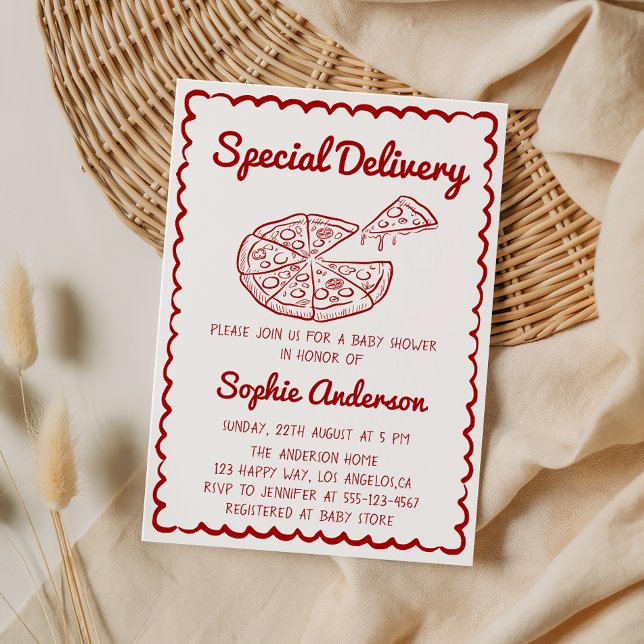 Invitación Dibujado a Mano Roja Bebe de Pizza de Envío Especi (Subido por el creador)