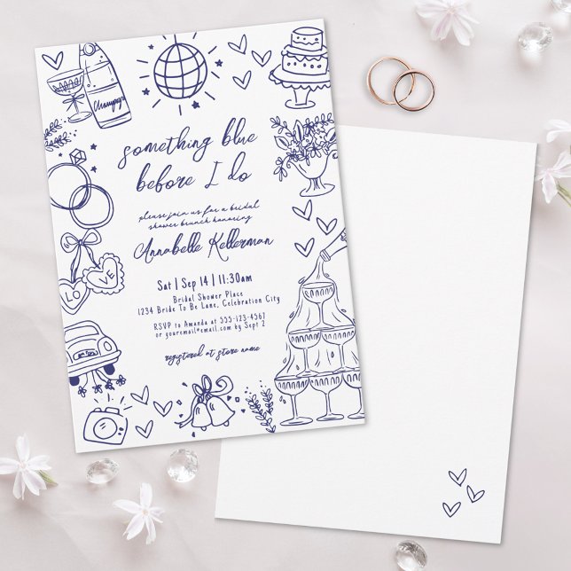 Invitación Dibujado Algo Azul Antes de la Despedida de Solter (Drawn Something Blue Before I Do Bridal Shower Invitation)