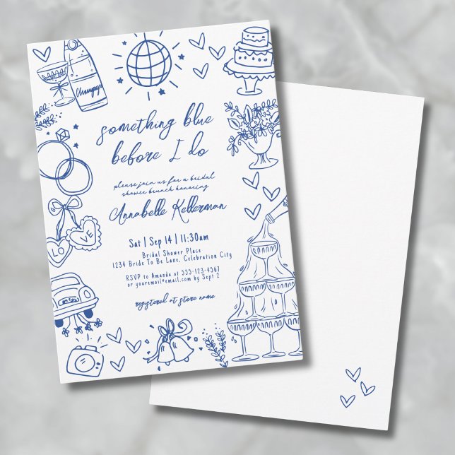Invitación Dibujé Algo Azul Antes De Hacer Ducha Bridal (Drawn Something Blue Before I Do Bridal Shower Invitation)