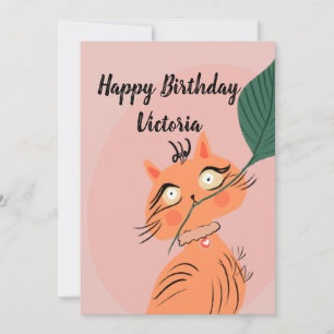 Invitación Dibujo Animado Cumpleaños Hoja De Planta Gato Dive