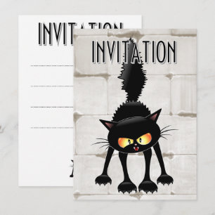 Invitación Dibujo animado de gato negro divertido y fiero
