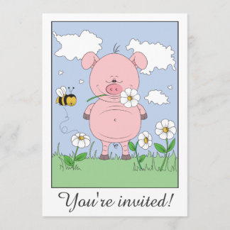 Invitación Dibujo animado rosado alegre del cerdo