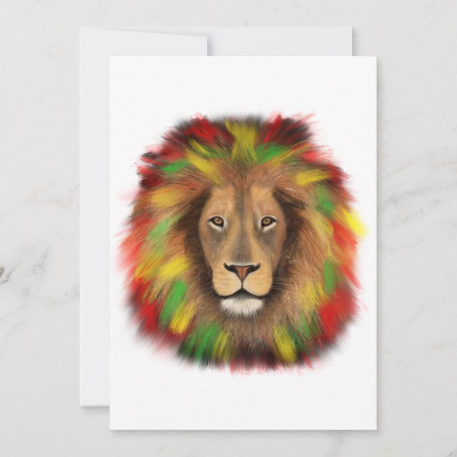 Invitación Dibujo de cabeza de león Rasta rojo amarillo verde (Anverso)