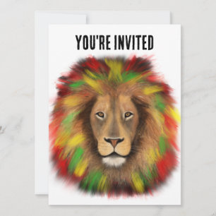 Invitación Dibujo de cabeza de león Rasta rojo amarillo verde