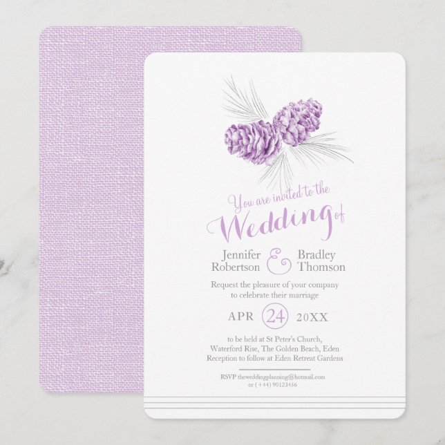 Invitación Dibujo de conos de pino boda gris morado (Anverso / Reverso)