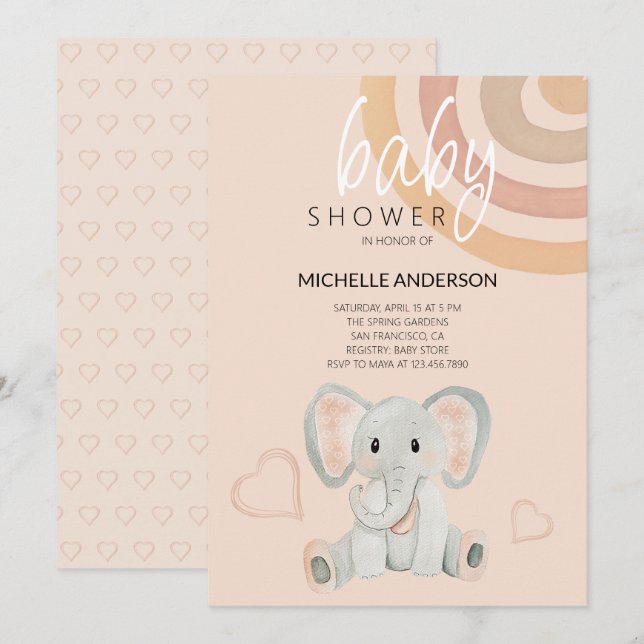 Invitación Dibujo de elefante con rubor adorable en acuarela (Anverso / Reverso)