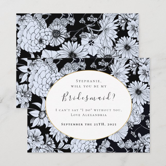 Invitación Dibujo de flores, blanco negro "Sé mi dama de hono (Anverso / Reverso)