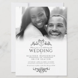 Invitación Dibujo de la línea de la hoja monograma boda negro