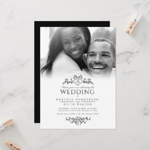 Invitación Dibujo de la línea de la hoja monograma boda negro