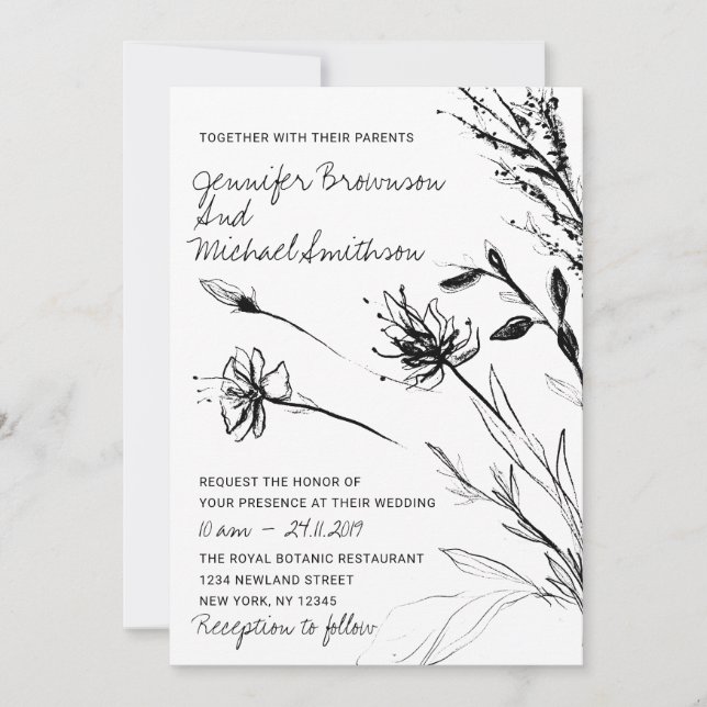 Invitación Dibujo de la mano botánica de flor dibujado (Anverso)