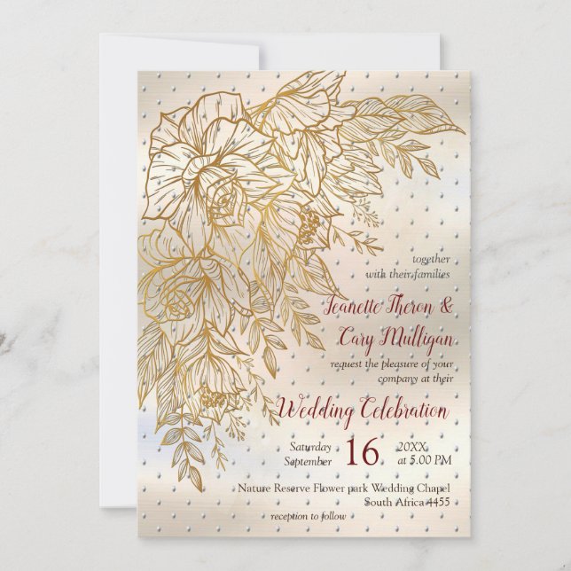 Invitación Dibujo de línea de Rosa elegante de oro (Anverso)