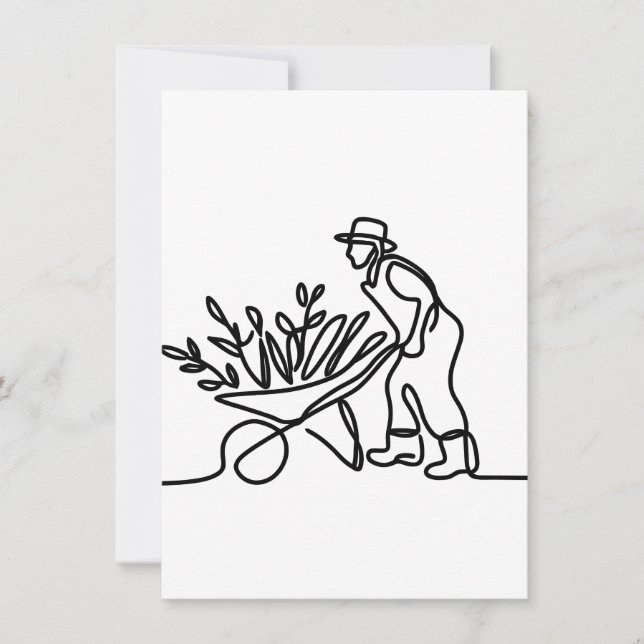 Invitación dibujo de línea de un agricultor o jardinero (Anverso)