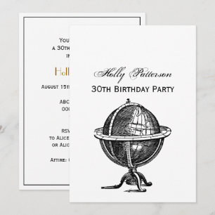 Invitación Dibujo de litografía de Vintage World Globe BW