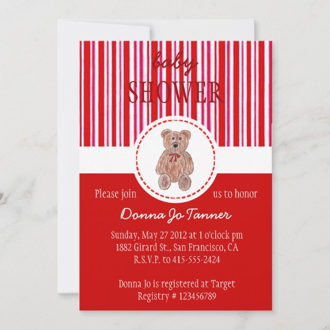 Invitación Dibujo de Teddy Bear en Baby Shower - Rojo (Anverso)
