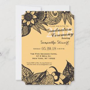 Invitación Dibujo del ángulo floral amarillo negro y dorado