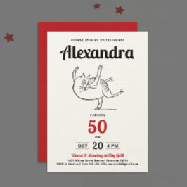 Invitación Dibujo del baile del gato divertido rojo negro bla