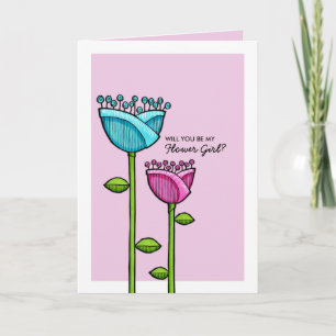Invitación Dibujo Divertido Flores rosa azul Sé Mi Dama de Fl