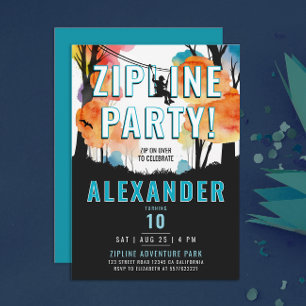 Invitación Dibujo en Acuarela de Zipline Divertido Niño Azul