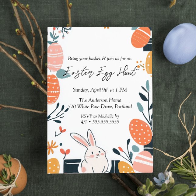 Invitación Dibujo manual conejo y huevos caza de huevos de pa (Subido por el creador)