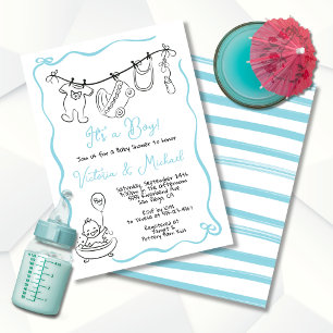 Invitación Dibujo manual de Baby Shower Clothesline Boy