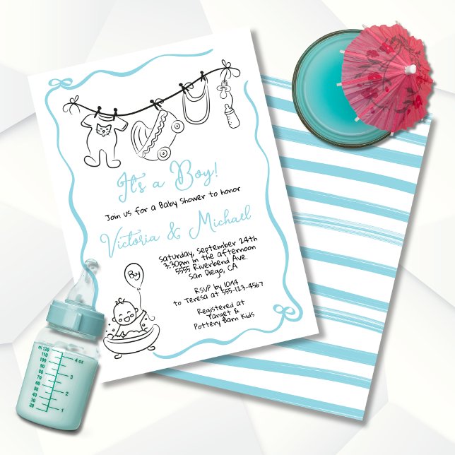 Invitación Dibujo manual de Baby Shower Clothesline Boy (Subido por el creador)
