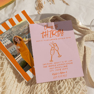 Invitación Dibujo Naranja Rosa 30 Cumpleaños Foto Caprichosa