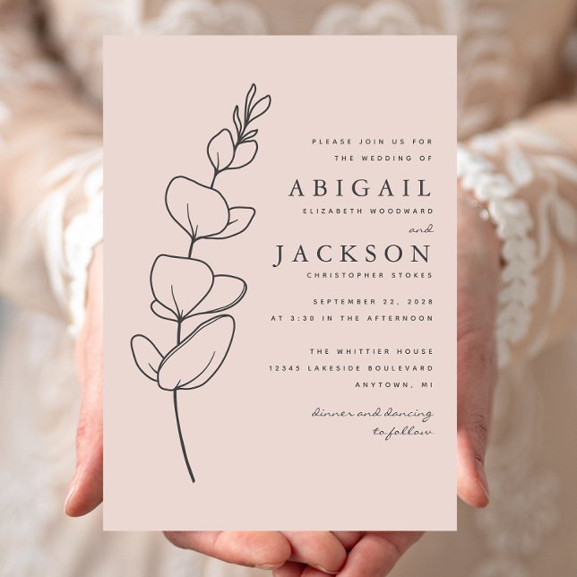 Invitación Dibujo simple de línea de eucalipto Boda rosa Rubo (Subido por el creador)