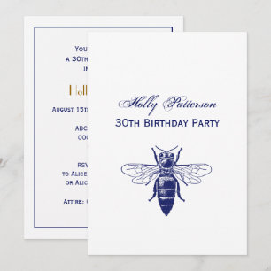 Invitación Dibujo vintage de abeja reina en azul