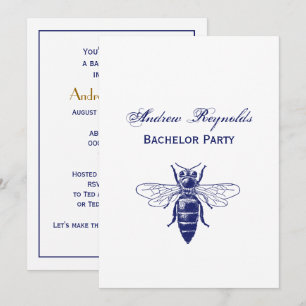 Invitación Dibujo vintage de abeja reina en azul