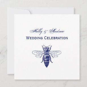 Invitación Dibujo vintage de abeja reina en azul