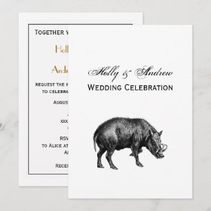 Invitación Dibujo Vintage de Jabalí en Blanco y Negro