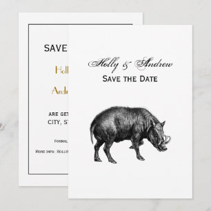 Invitación Dibujo Vintage de Jabalí en Blanco y Negro