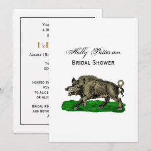 Invitación Dibujo Vintage de Jabalí en Blanco y Negro #3C