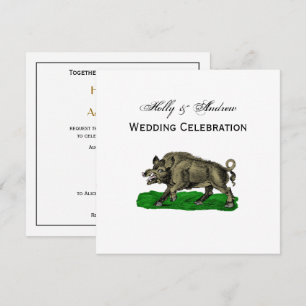 Invitación Dibujo Vintage de Jabalí en Blanco y Negro #3C