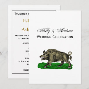 Invitación Dibujo Vintage de Jabalí en Blanco y Negro #3C