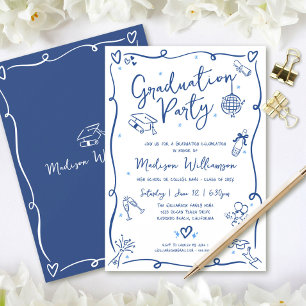 Invitación Dibujos a mano azul graduación diversión fiesta bl