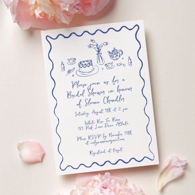 Invitación Dibujos a mano de comida y bebida para Brunch Nupc (Hand drawn food and drink doodle illustrations bridal brunch invitation in blue and white.)