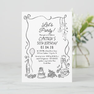 Invitación Dibujos a Mano Garabatos Caprichosos Cumpleaños de