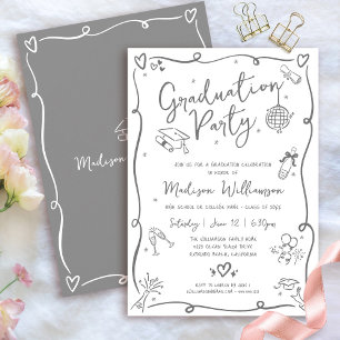 Invitación Dibujos a Mano Gris Blanco Graduación Fiesta Diver